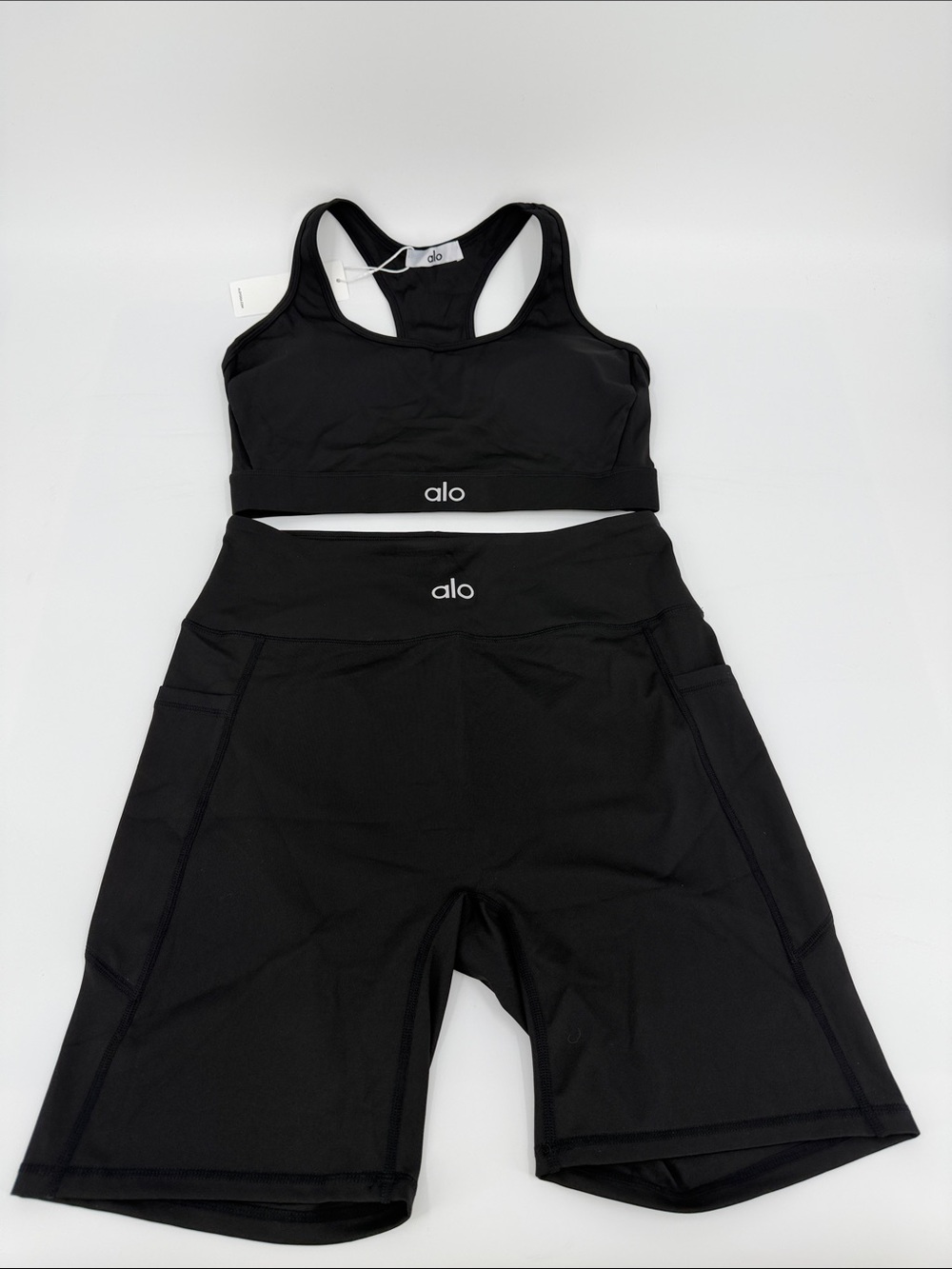 ALO Yoga  Black Racerback Sports Bra and High-Waist Bike Shorts